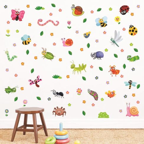 4 Sheets Cartoon Insect Wall Decals Cute Animal Butterfly Flower Leaf Ladybug Bee DIY Decor Wall Stickers Vinyl Wall Decor for Bedroom Living Room Playroom Nursery Home Decoration in Saudi Arabia