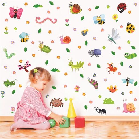 4 Sheets Cartoon Insect Wall Decals Cute Animal Butterfly Flower Leaf Ladybug Bee DIY Decor Wall Stickers Vinyl Wall Decor for Bedroom Living Room Playroom Nursery Home Decoration in Saudi Arabia