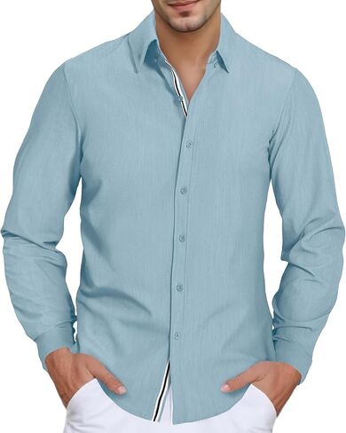 Men's Stretch Denim Dress Shirt Long Sleeve Casual Button Down Everyday Shirts Fall Winter Wedding Shirts in Kuwait