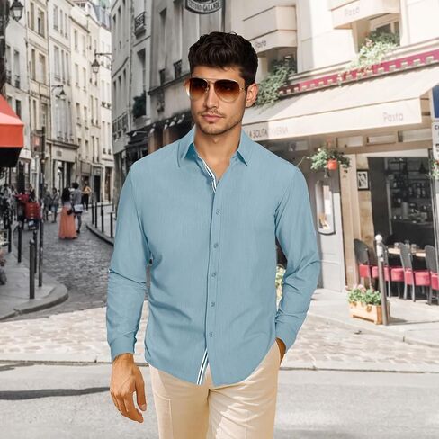 Men's Stretch Denim Dress Shirt Long Sleeve Casual Button Down Everyday Shirts Fall Winter Wedding Shirts in Kuwait