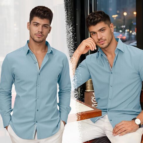 Men's Stretch Denim Dress Shirt Long Sleeve Casual Button Down Everyday Shirts Fall Winter Wedding Shirts in Kuwait
