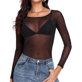 Women Mesh Tops Sheer Shirt Long Sleeves T-Shirt Clubwear Party Sexy Tees in Kuwait