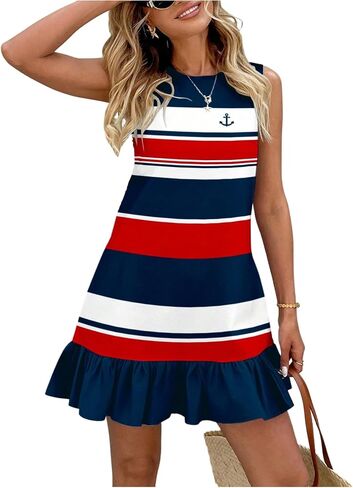SHENHE Women's Ruffle Hem Sleeveless Striped Tank Dress Anchor Print Sailor Shift Dress in Saudi Arabia