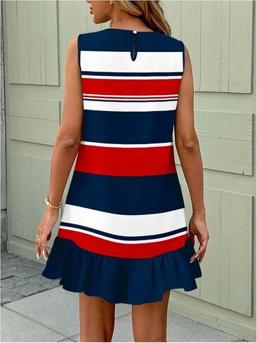 SHENHE Women's Ruffle Hem Sleeveless Striped Tank Dress Anchor Print Sailor Shift Dress in Saudi Arabia