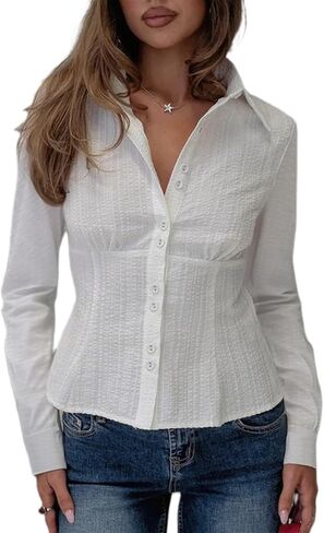 Women Y2K Button Down Shirt Long Sleeve Lapel Collar Plaid Print Fitted Crop Top Vintage Gingham Blouse Streetwear in Saudi Arabia