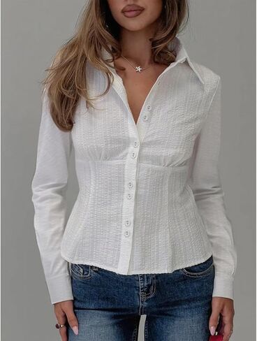 Women Y2K Button Down Shirt Long Sleeve Lapel Collar Plaid Print Fitted Crop Top Vintage Gingham Blouse Streetwear in Saudi Arabia