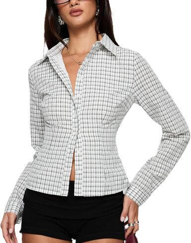 Women Y2K Button Down Shirt Long Sleeve Lapel Collar Plaid Print Fitted Crop Top Vintage Gingham Blouse Streetwear in Saudi Arabia