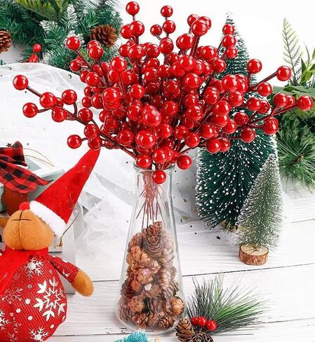 5Pcs Artificial Christmas Red Berry Stems, 30 Beads Christmas Fake Plants Flowers Holly Berry Stamen Wreath Ornaments, Realistic Berries Sprigs for Xmas Tree Picks Party Home Decor (25cm) in Saudi Arabia