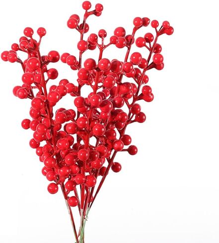 5Pcs Artificial Christmas Red Berry Stems, 30 Beads Christmas Fake Plants Flowers Holly Berry Stamen Wreath Ornaments, Realistic Berries Sprigs for Xmas Tree Picks Party Home Decor (25cm) in Saudi Arabia