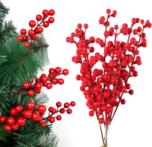 5Pcs Artificial Christmas Red Berry Stems, 30 Beads Christmas Fake Plants Flowers Holly Berry Stamen Wreath Ornaments, Realistic Berries Sprigs for Xmas Tree Picks Party Home Decor (25cm) in Saudi Arabia