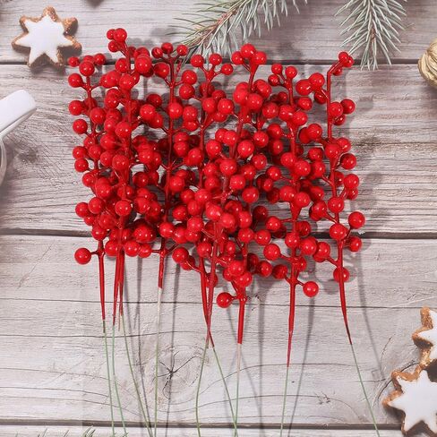 5Pcs Artificial Christmas Red Berry Stems, 30 Beads Christmas Fake Plants Flowers Holly Berry Stamen Wreath Ornaments, Realistic Berries Sprigs for Xmas Tree Picks Party Home Decor (25cm) in Saudi Arabia