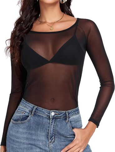 Women Mesh Tops Sheer Shirt Long Sleeves T-Shirt Clubwear Party Sexy Tees in Kuwait