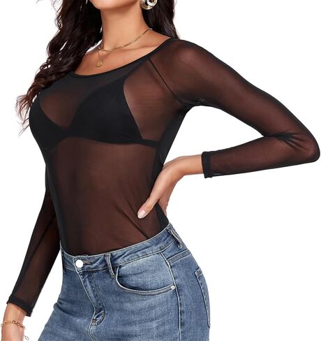 Women Mesh Tops Sheer Shirt Long Sleeves T-Shirt Clubwear Party Sexy Tees in Kuwait