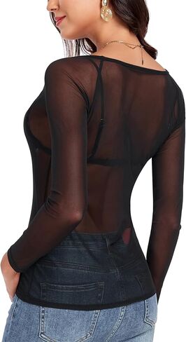 Women Mesh Tops Sheer Shirt Long Sleeves T-Shirt Clubwear Party Sexy Tees in Kuwait
