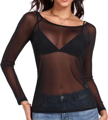 Women Mesh Tops Sheer Shirt Long Sleeves T-Shirt Clubwear Party Sexy Tees in Kuwait