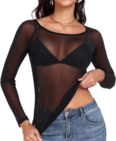 Women Mesh Tops Sheer Shirt Long Sleeves T-Shirt Clubwear Party Sexy Tees in Kuwait