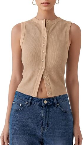 المرأة زر أسفل تانك القمم أكمام مضلع المحاصيل الصيف زر حتى Crewneck سترة قميص الخروج سليم صالح القمم in Kuwait