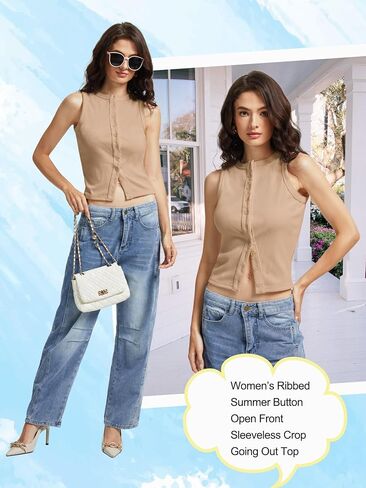 المرأة زر أسفل تانك القمم أكمام مضلع المحاصيل الصيف زر حتى Crewneck سترة قميص الخروج سليم صالح القمم in Kuwait