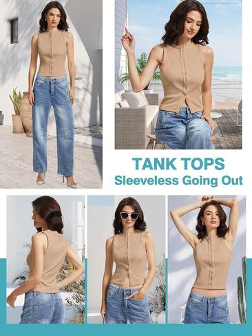 المرأة زر أسفل تانك القمم أكمام مضلع المحاصيل الصيف زر حتى Crewneck سترة قميص الخروج سليم صالح القمم in Kuwait