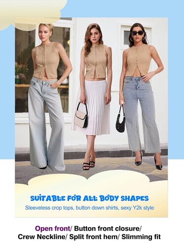 المرأة زر أسفل تانك القمم أكمام مضلع المحاصيل الصيف زر حتى Crewneck سترة قميص الخروج سليم صالح القمم in Kuwait