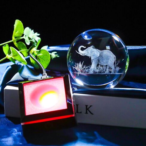 Enjinkail 3D Crystal Ball Elephant Gifts for Women Men Adults Decor for Home Snow Globe Ornament with LED Base Night Light, Laser Etched Glass Elephant Figurines Friendship Gifts for Her Mom Friend in Kuwait