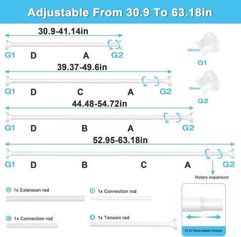 قضيب ستارة التوتر من 28 إلى 48 بوصة، قضبان توتر بيضاء قابلة للتعديل، قضبان ستائر محملة بنابض، 7/8 بوصة، قضبان ستائر بدون حفر، قضبان شد للنوافذ، خزانة غرفة النوم، باب المدخل in Kuwait