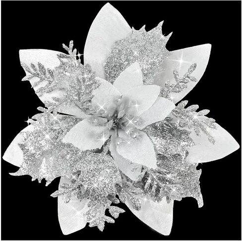 10 Pcs Silver and White Glitter Poinsettia 5.5" Artificial Flowers Christmas with Clips Stems Xmas Tree Ornaments for Wedding Party Wreath Decoration in Saudi Arabia
