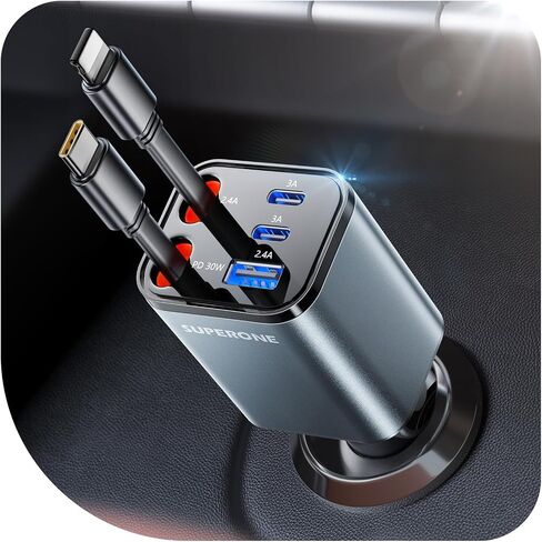 SuperOne 6 in 1 شاحن سيارة قابل للسحب مع كابلات من النوع C مزدوج ، و 99W محول إكسسوارات USB C USB C 99W مع 4 منافذ USB ، وشاحن سيارة شحن سريع لـ iPhone 16/15/14/13/12 ، Galaxy ، iPad in Kuwait