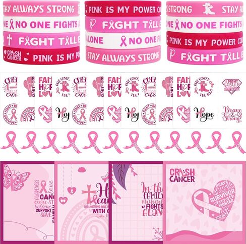 Fancy Land Pink Ribbon Pins Breast Cancer Bracelets Bulk Cards Temporary Tattoos Set for October Awareness Month Women Girl Charity Events Accessories Survivor Gifts 12Pack in Saudi Arabia