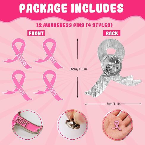 Fancy Land Pink Ribbon Pins Breast Cancer Bracelets Bulk Cards Temporary Tattoos Set for October Awareness Month Women Girl Charity Events Accessories Survivor Gifts 12Pack in Saudi Arabia