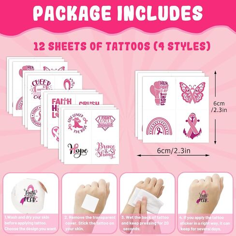 Fancy Land Pink Ribbon Pins Breast Cancer Bracelets Bulk Cards Temporary Tattoos Set for October Awareness Month Women Girl Charity Events Accessories Survivor Gifts 12Pack in Saudi Arabia