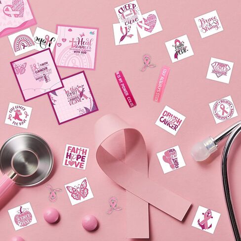 Fancy Land Pink Ribbon Pins Breast Cancer Bracelets Bulk Cards Temporary Tattoos Set for October Awareness Month Women Girl Charity Events Accessories Survivor Gifts 12Pack in Saudi Arabia