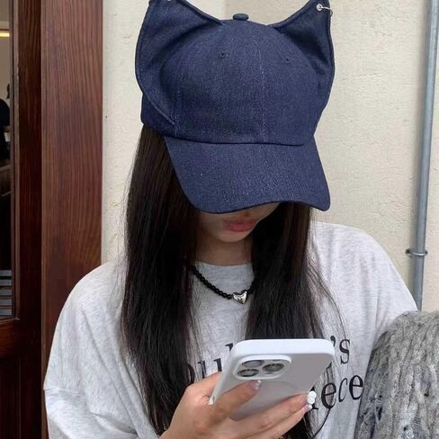 Fox Ears Hat with Metal Ring Cute Denim Baseball Cap Adjustable Ear Shape in Kuwait