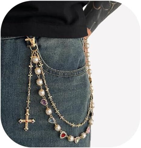 Multi-layered Rhinestone Pearl Layered Chain Belts Pants Keychains for Men Women Crystal Heart Waist Key Wallet Jeans Hip-hop Pants Cross pendant Waist Chains Jewelry in Saudi Arabia