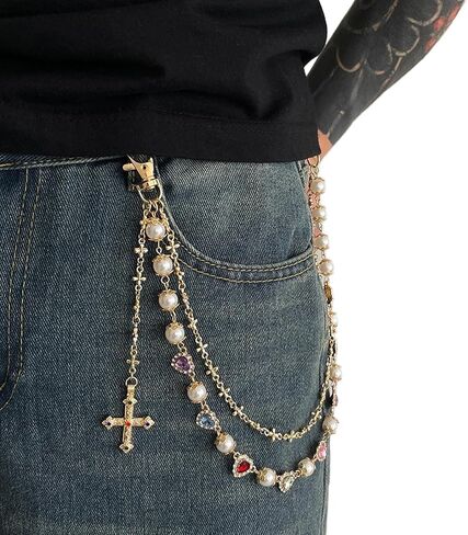 Multi-layered Rhinestone Pearl Layered Chain Belts Pants Keychains for Men Women Crystal Heart Waist Key Wallet Jeans Hip-hop Pants Cross pendant Waist Chains Jewelry in Saudi Arabia