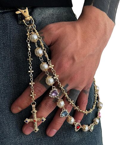 Multi-layered Rhinestone Pearl Layered Chain Belts Pants Keychains for Men Women Crystal Heart Waist Key Wallet Jeans Hip-hop Pants Cross pendant Waist Chains Jewelry in Saudi Arabia