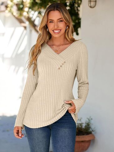 Glamaker Women's Fall Long Sleeve V Neck Tunic Tops Lightweight Button Casual Soft Loose Blouse Sweatshirts in Saudi Arabia