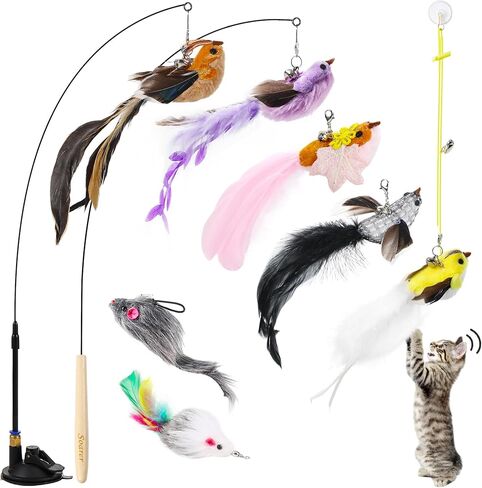 Soarer 4-in-1 Interactive Cat Feather Toys,12Pcs Durable Fishing Pole Cat Feather Toy Replacements,Enhanced Suction Cup Cat Wand Toy,2 Types Door Hanging Cat String Toy for Indoor Kitten Cats in Kuwait