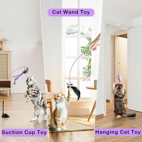 Soarer 4-in-1 Interactive Cat Feather Toys,12Pcs Durable Fishing Pole Cat Feather Toy Replacements,Enhanced Suction Cup Cat Wand Toy,2 Types Door Hanging Cat String Toy for Indoor Kitten Cats in Kuwait