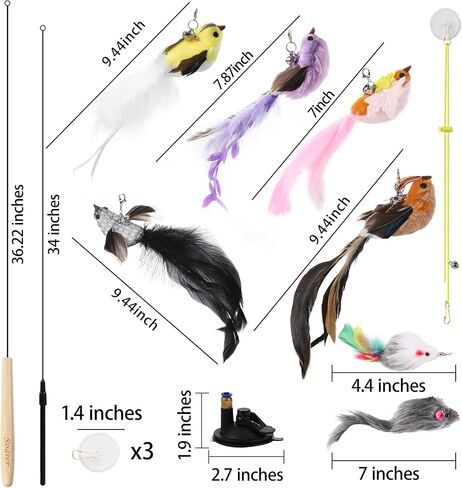 Soarer 4-in-1 Interactive Cat Feather Toys,12Pcs Durable Fishing Pole Cat Feather Toy Replacements,Enhanced Suction Cup Cat Wand Toy,2 Types Door Hanging Cat String Toy for Indoor Kitten Cats in Kuwait