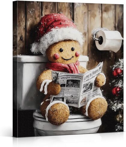 Funny Gingerbread on Toilet Christmas Bathroom Wall Art Prints Vintage Christmas Bathroom Wall Decor Cute Gingerbread Pictures for Restroom Washroom 8x10 Inch Framed in Saudi Arabia
