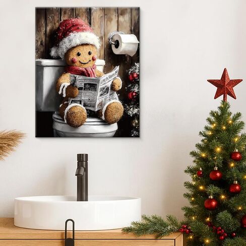 Funny Gingerbread on Toilet Christmas Bathroom Wall Art Prints Vintage Christmas Bathroom Wall Decor Cute Gingerbread Pictures for Restroom Washroom 8x10 Inch Framed in Saudi Arabia