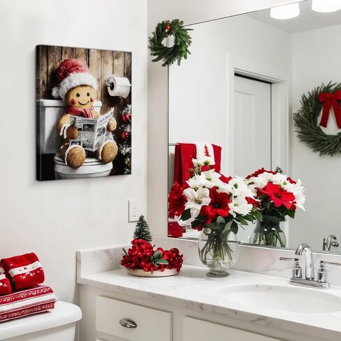 Funny Gingerbread on Toilet Christmas Bathroom Wall Art Prints Vintage Christmas Bathroom Wall Decor Cute Gingerbread Pictures for Restroom Washroom 8x10 Inch Framed in Saudi Arabia