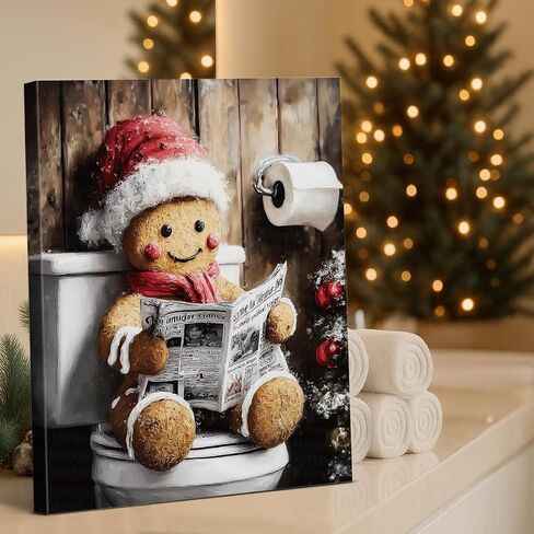 Funny Gingerbread on Toilet Christmas Bathroom Wall Art Prints Vintage Christmas Bathroom Wall Decor Cute Gingerbread Pictures for Restroom Washroom 8x10 Inch Framed in Saudi Arabia