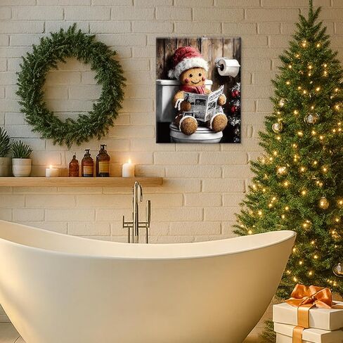 Funny Gingerbread on Toilet Christmas Bathroom Wall Art Prints Vintage Christmas Bathroom Wall Decor Cute Gingerbread Pictures for Restroom Washroom 8x10 Inch Framed in Saudi Arabia