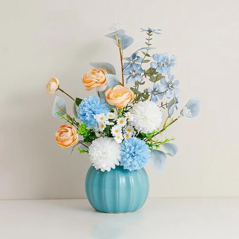 Artificial Flowers, Fake Flowers in Vase, Silk Flowers with Ceramic Vase, Faux Flowers Arrangement for Homes, Restaurants Decoration Dining Table Centerpiece Decor (Blue) in Saudi Arabia
