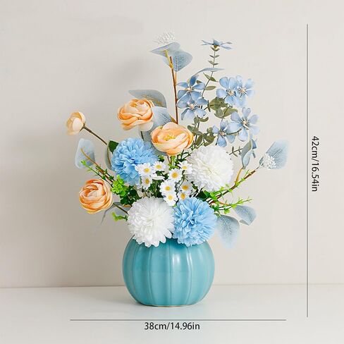 Artificial Flowers, Fake Flowers in Vase, Silk Flowers with Ceramic Vase, Faux Flowers Arrangement for Homes, Restaurants Decoration Dining Table Centerpiece Decor (Blue) in Saudi Arabia