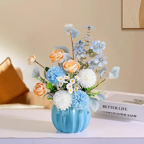 Artificial Flowers, Fake Flowers in Vase, Silk Flowers with Ceramic Vase, Faux Flowers Arrangement for Homes, Restaurants Decoration Dining Table Centerpiece Decor (Blue) in Saudi Arabia