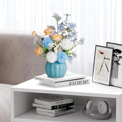 Artificial Flowers, Fake Flowers in Vase, Silk Flowers with Ceramic Vase, Faux Flowers Arrangement for Homes, Restaurants Decoration Dining Table Centerpiece Decor (Blue) in Saudi Arabia