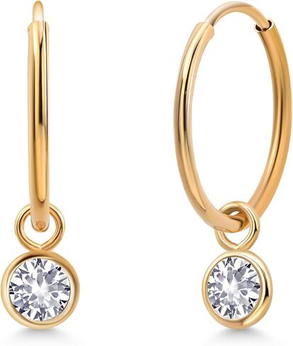 Gem Stone King 14K Yellow Gold White Zirconia Dangle Drop Endless Hoop Huggie Small Earrings For Women (0.50 Cttw, 20MM Length, Gemstone, Round 4MM) in Saudi Arabia